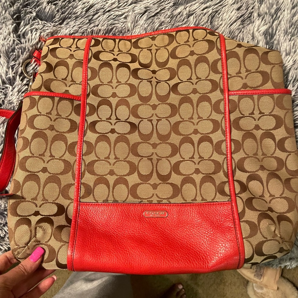 Coach Red and Brown Monogram Tote
